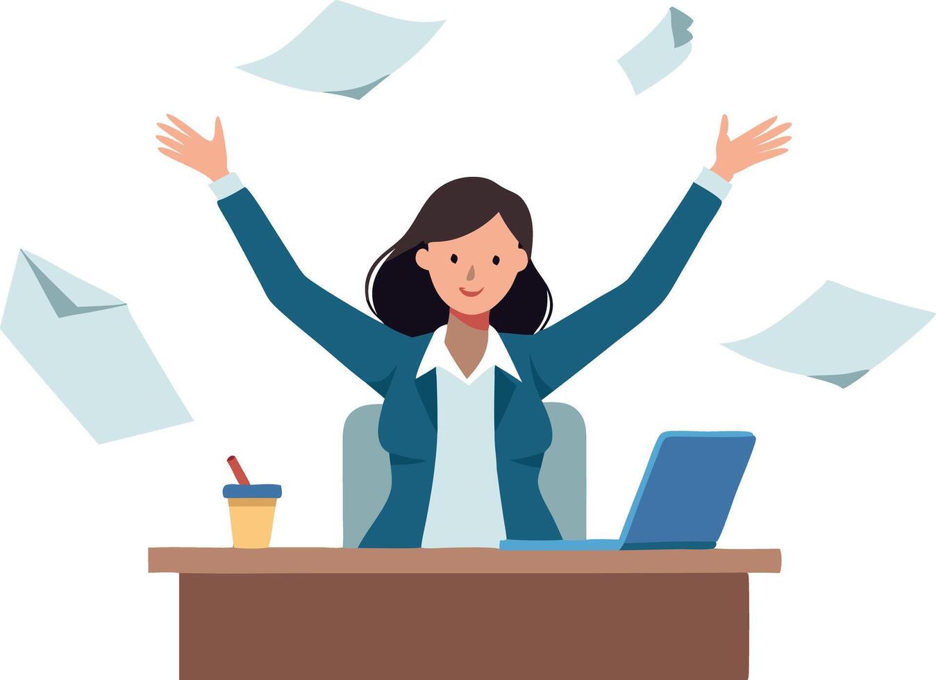 A woman is sitting at a desk with a laptop and a cup of coffee vector
