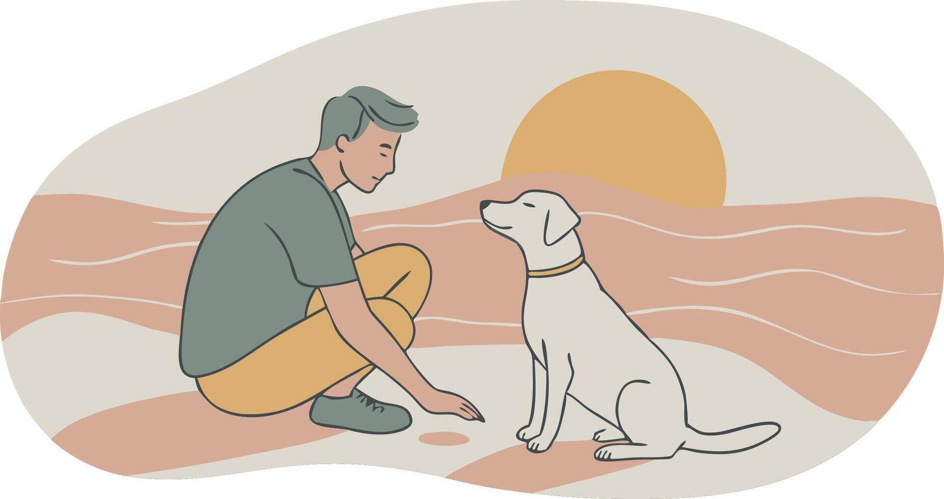 A man is sitting on the ground with a white dog vector
