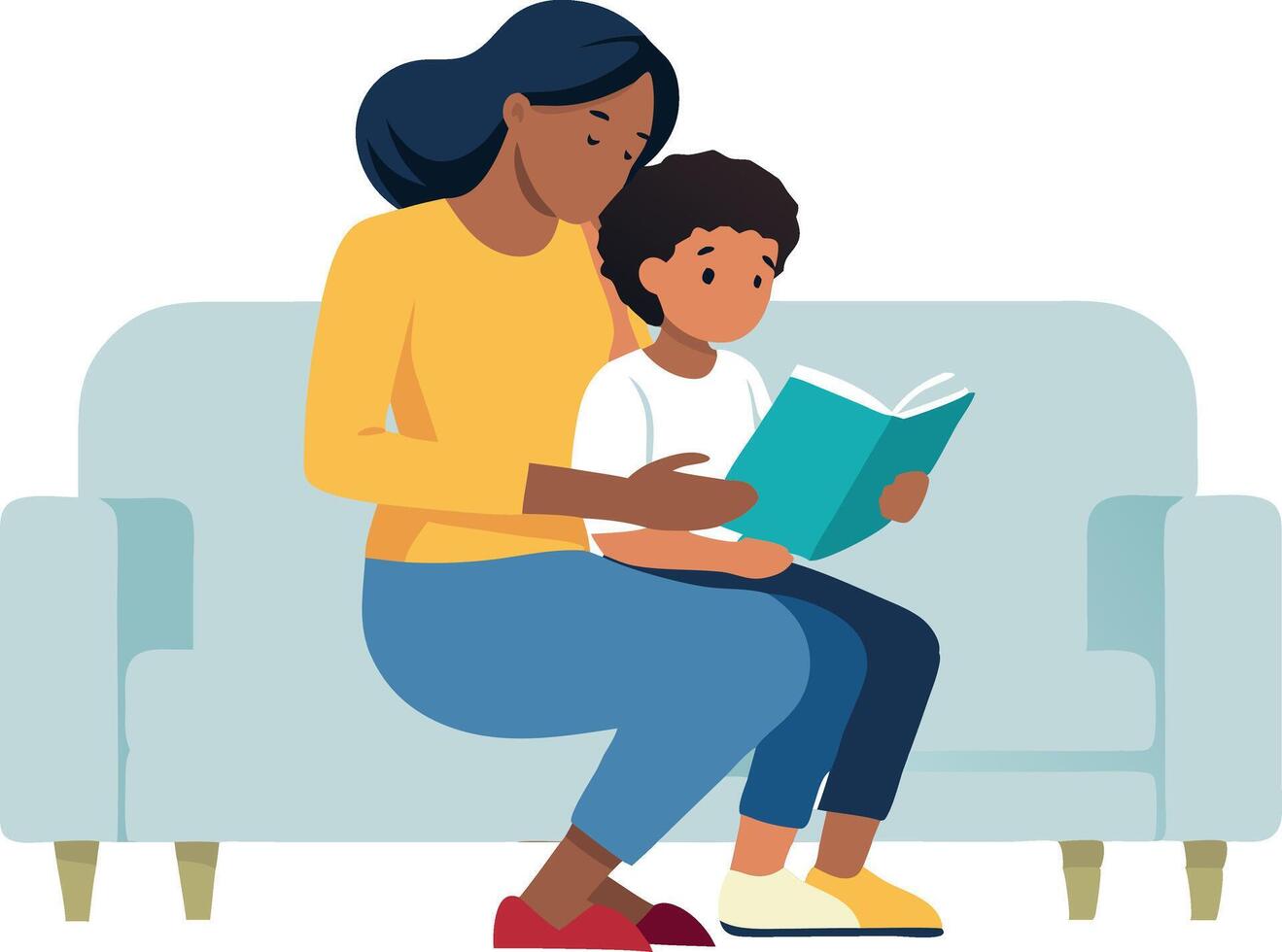 A woman and a child are sitting on a couch reading a book vector