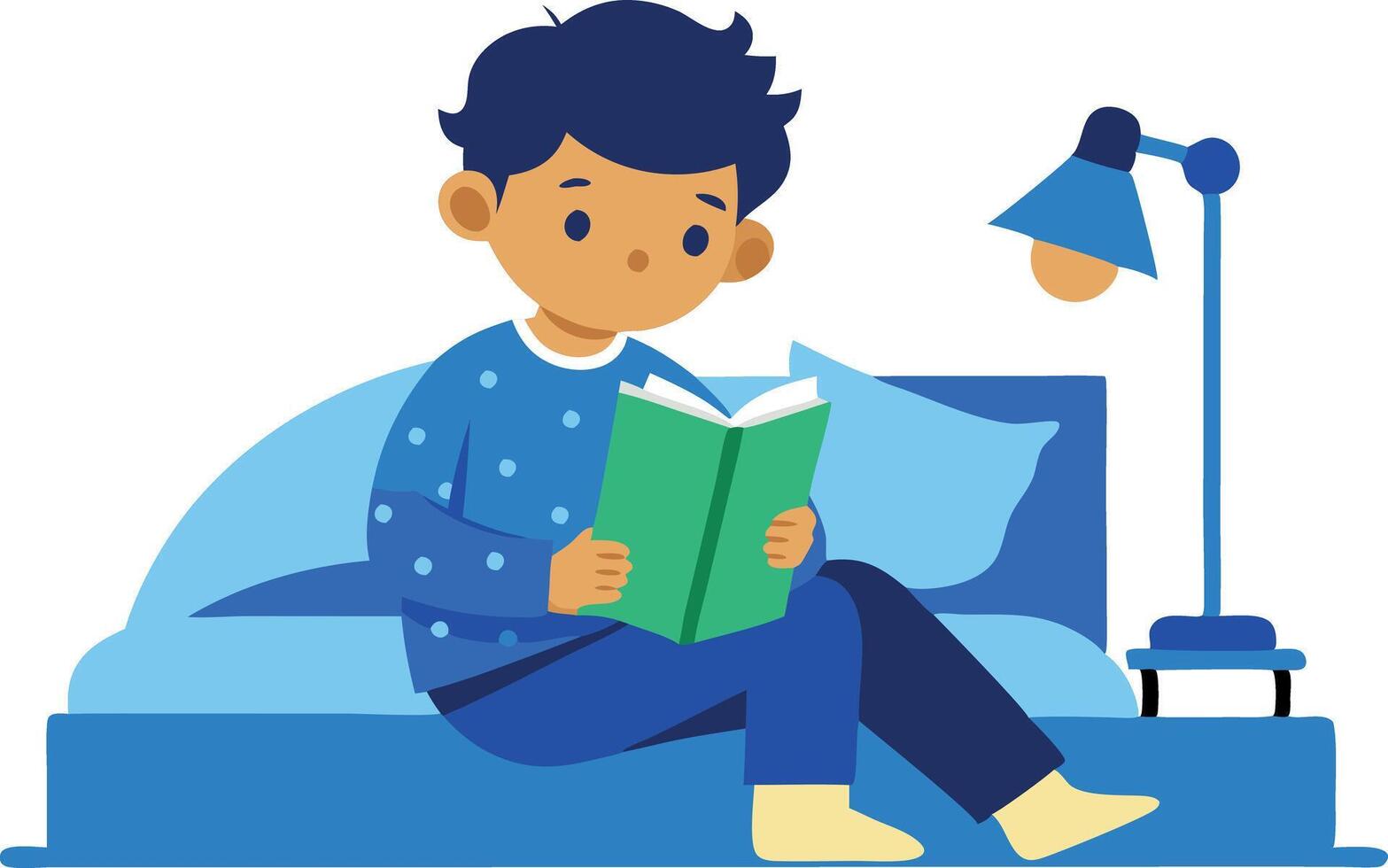 A boy is reading a book on a bed vector
