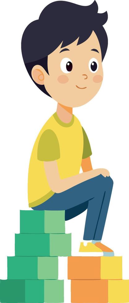 Cartoon boy sitting on colorful blocks, smiling and looking content vector