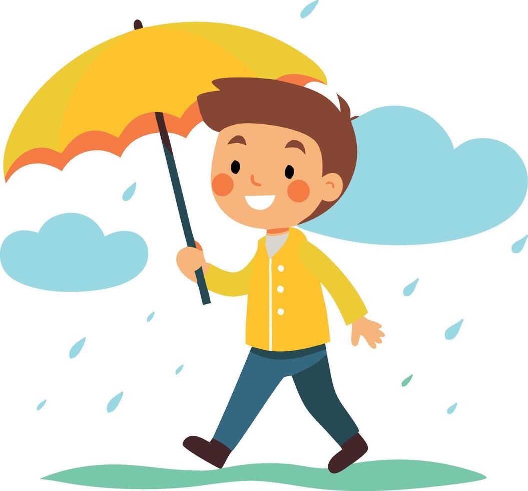 Happy boy walking with yellow umbrella in the rain - illustration vector