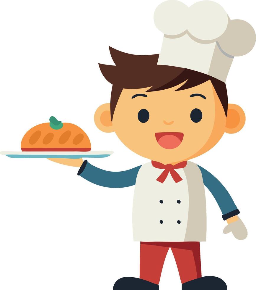 Cute cartoon chef holding a tray with freshly baked bread, isolated on white background vector