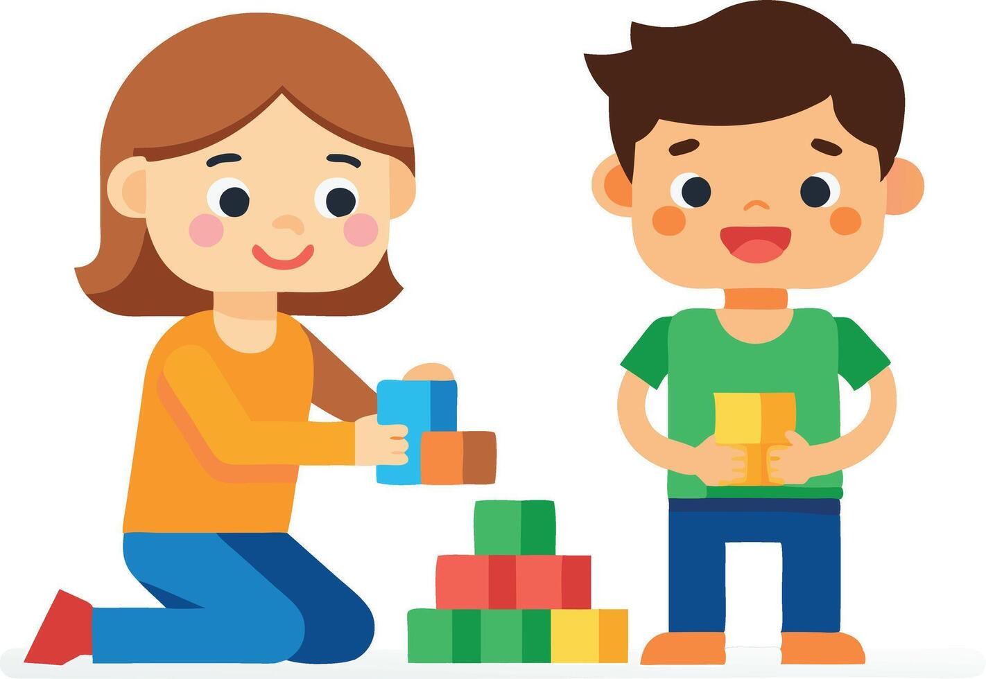 Happy kids playing with colorful building blocks, smiling and enjoying fun creative activity vector
