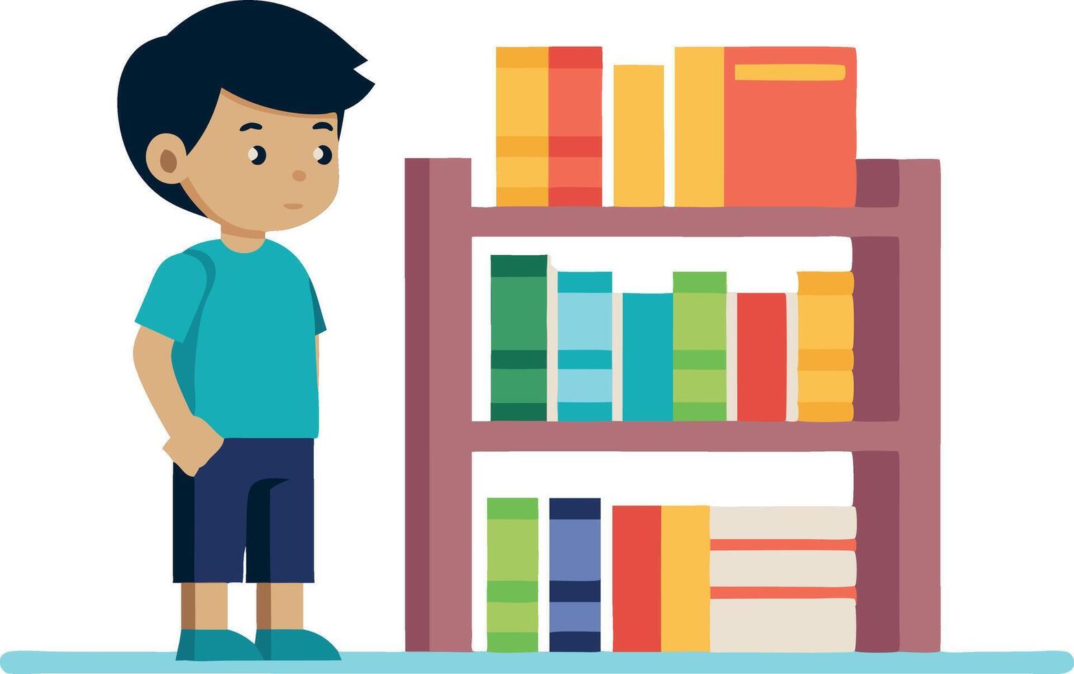 Illustration of a young boy standing in front of a bookshelf filled with colorful books vector