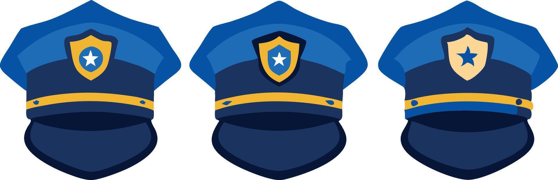 Three Blue Police Hats With Badges And Details. vector