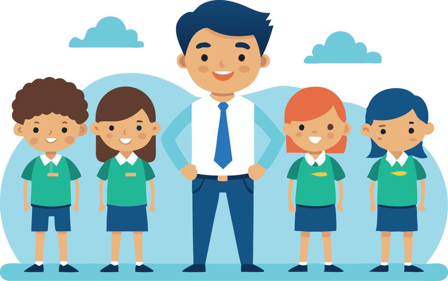 A man is standing in front of five children wearing school uniforms vector