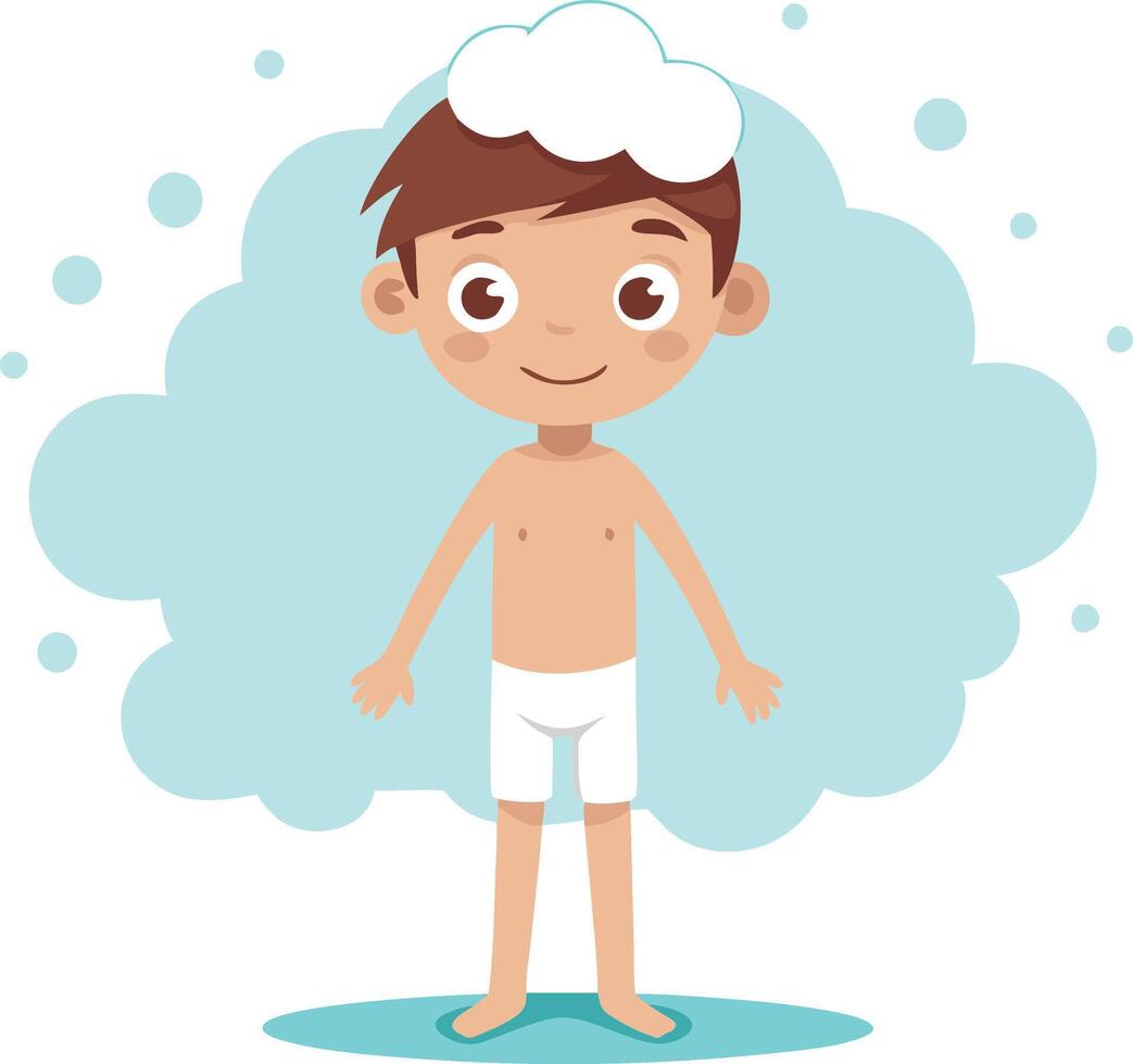 Cute cartoon boy with soap foam on head during bath time, isolated on white background vector