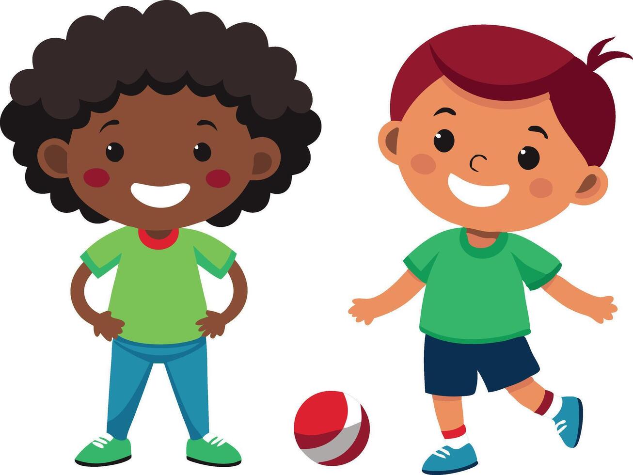 Two children are playing with a red and white ball vector