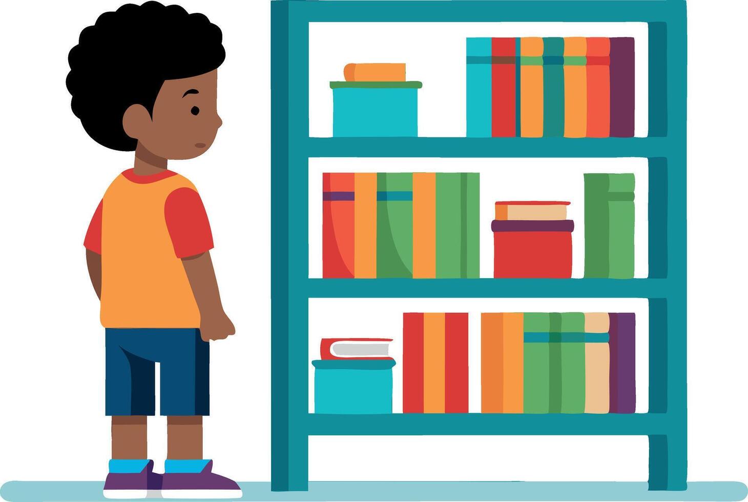 Illustration of a young boy standing in front of a bookshelf filled with colorful books vector