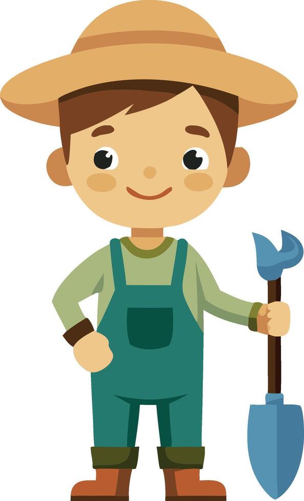 Cartoon farmer boy holding a shovel wearing a hat and overalls on a white background vector