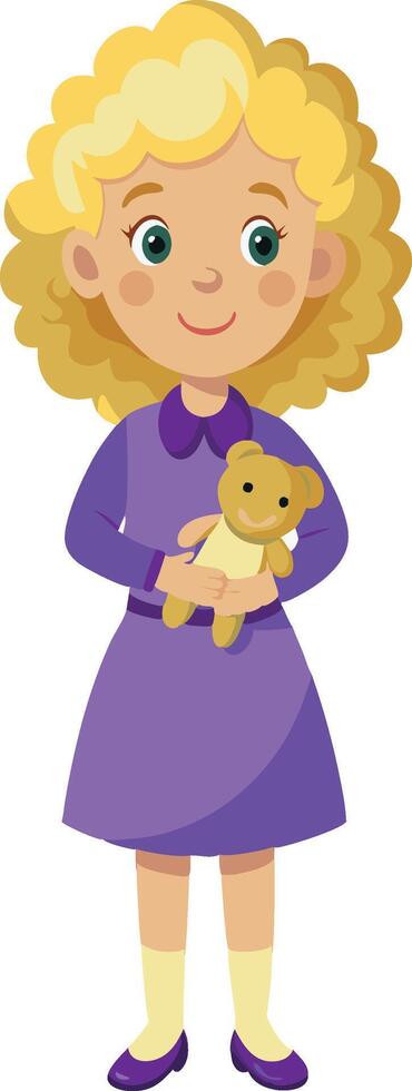 Illustration of a young girl with curly hair holding a teddy bear, standing and smiling vector