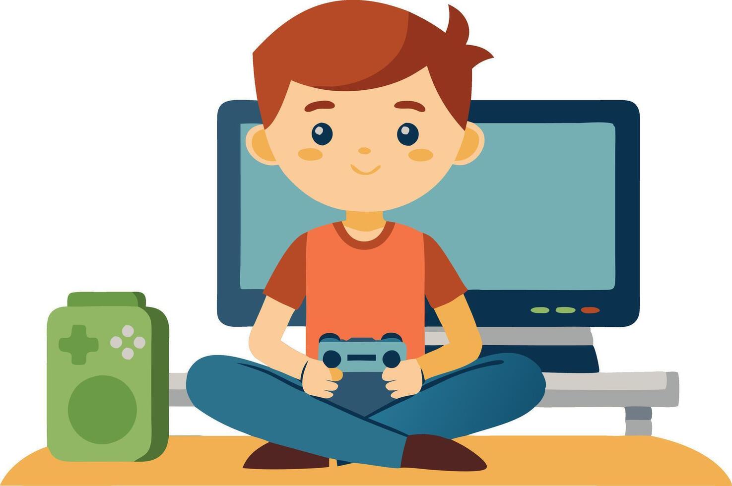 Boy playing videogames sitting on the floor at home vector