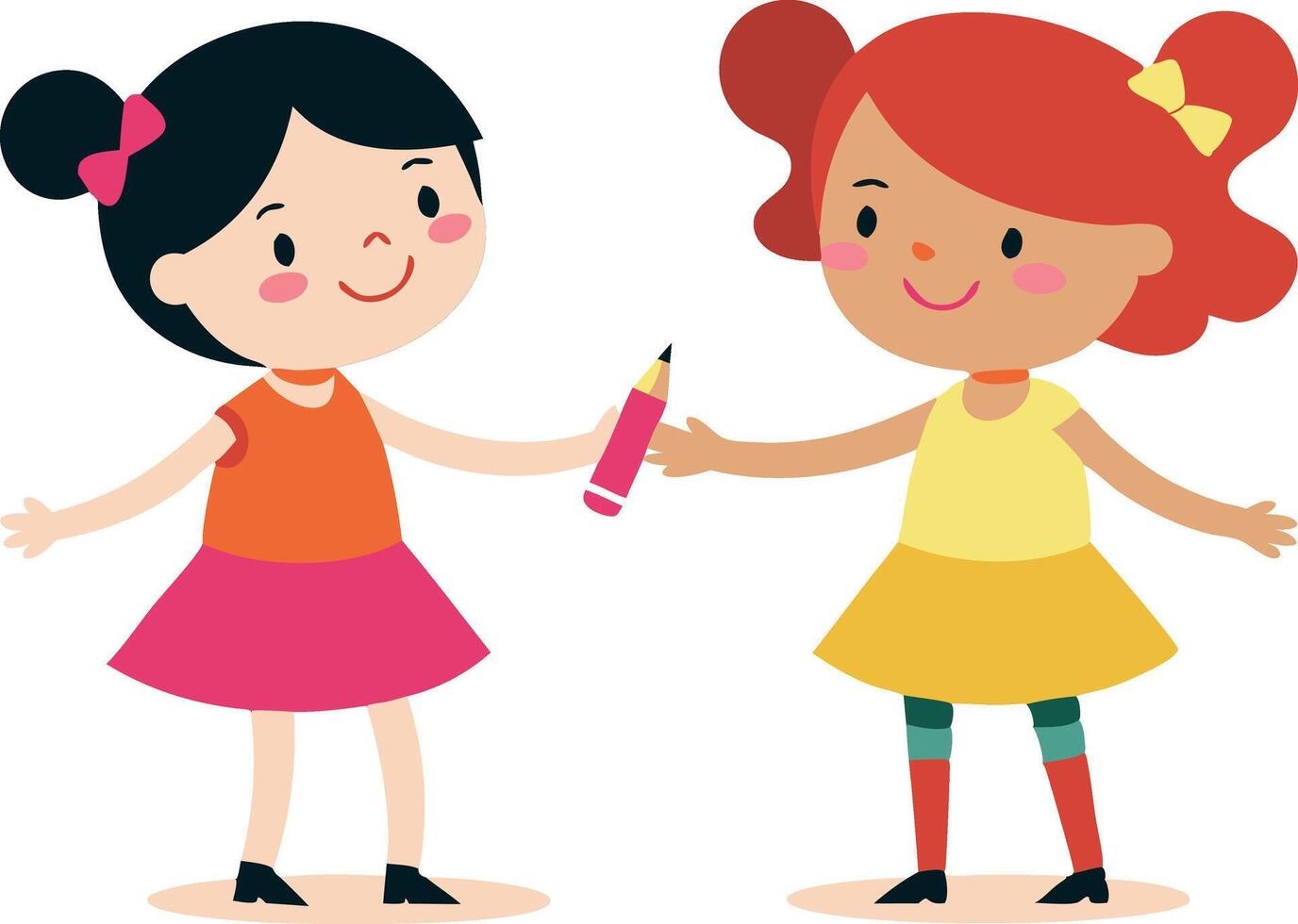 Two girls are holding a pencil and smiling at each other vector