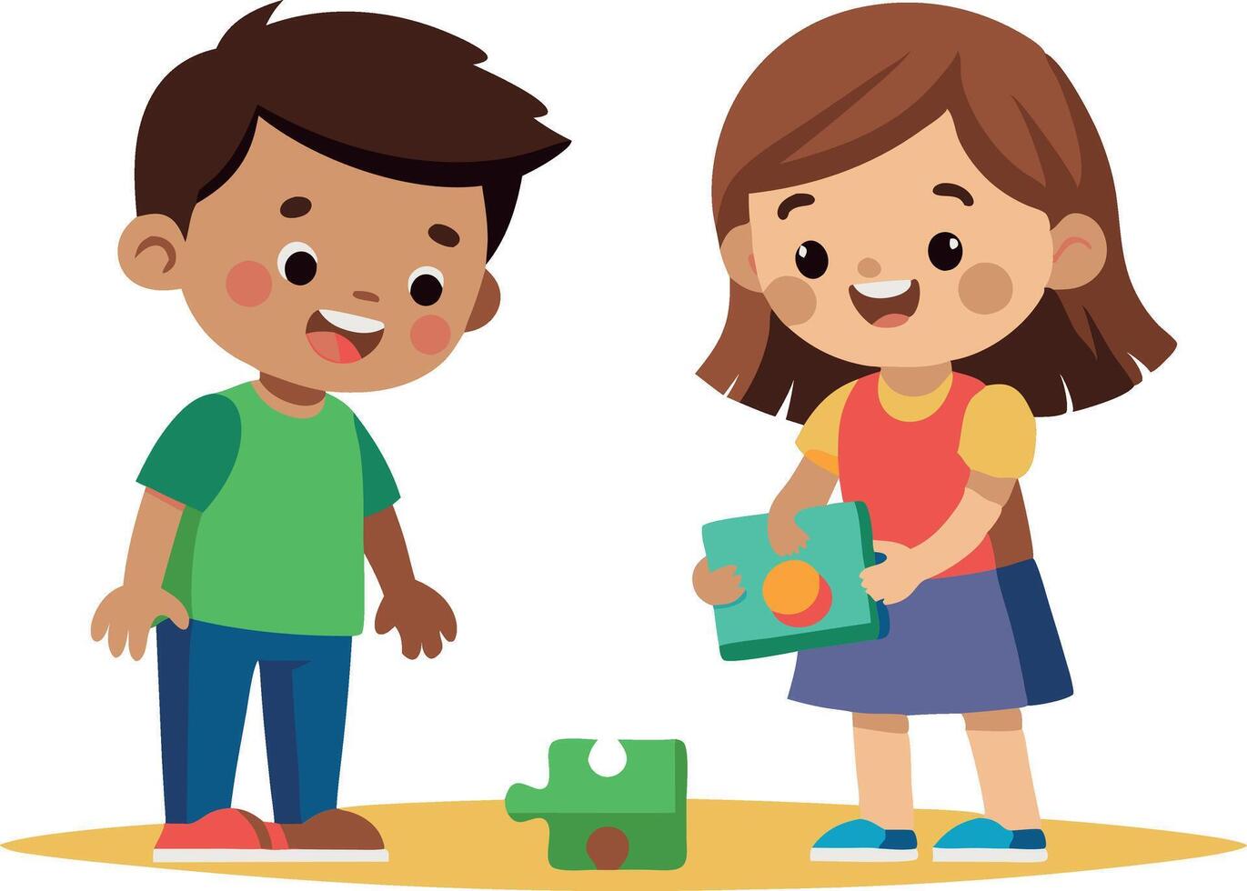 Happy children playing with puzzle pieces, educational activity vector