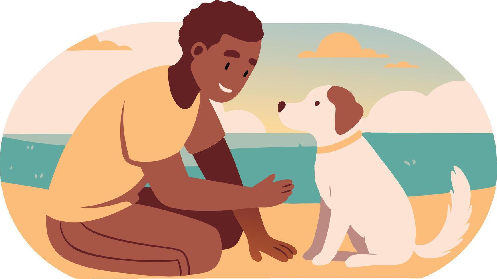 A man is petting a dog on the beach vector