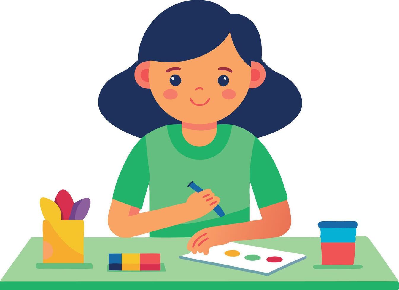 A girl is sitting at a table with a pencil and a piece of paper vector