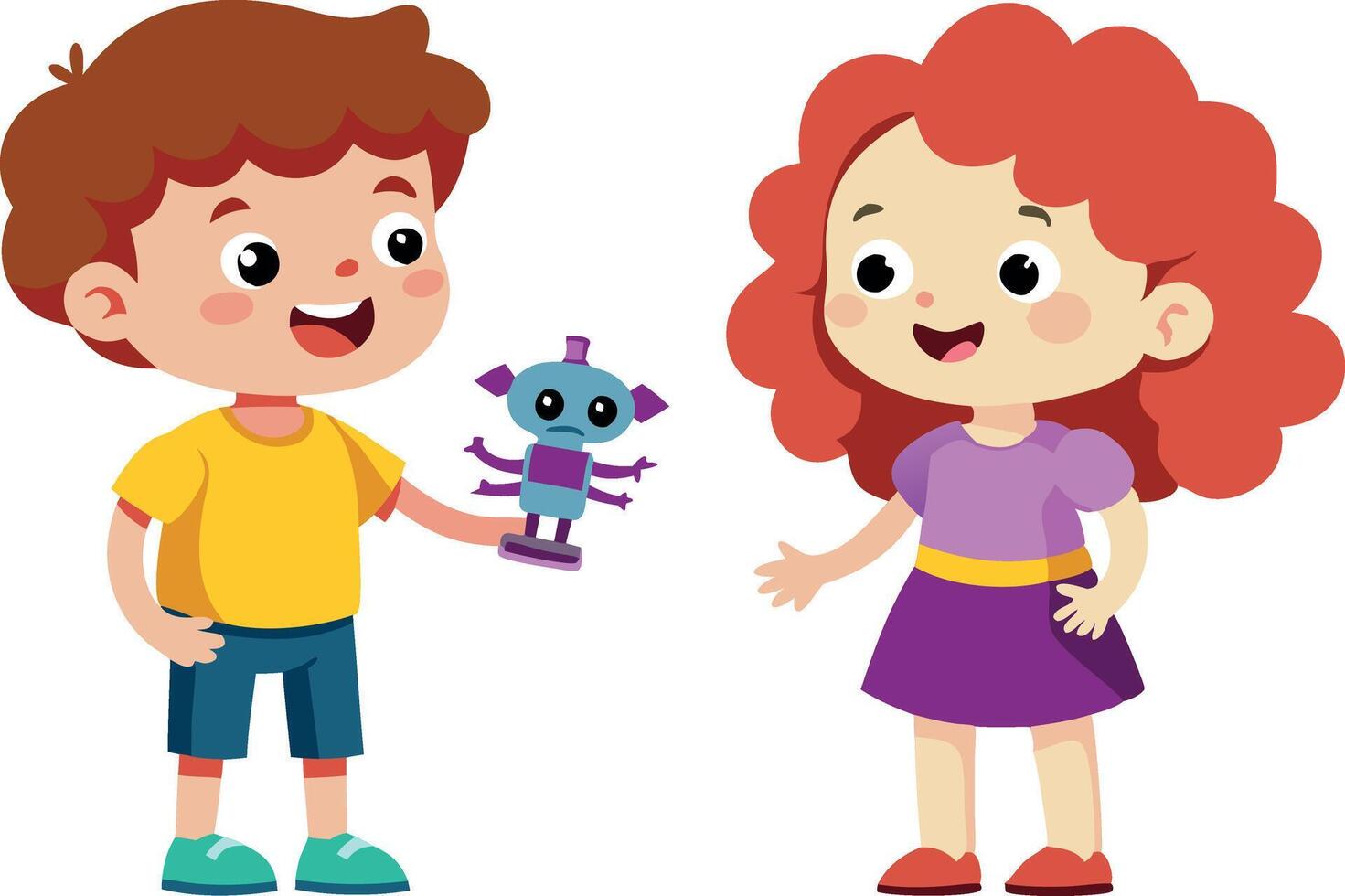 Cute characters exchanging a gift. Joyful interaction between two friends with happy expressions. vector