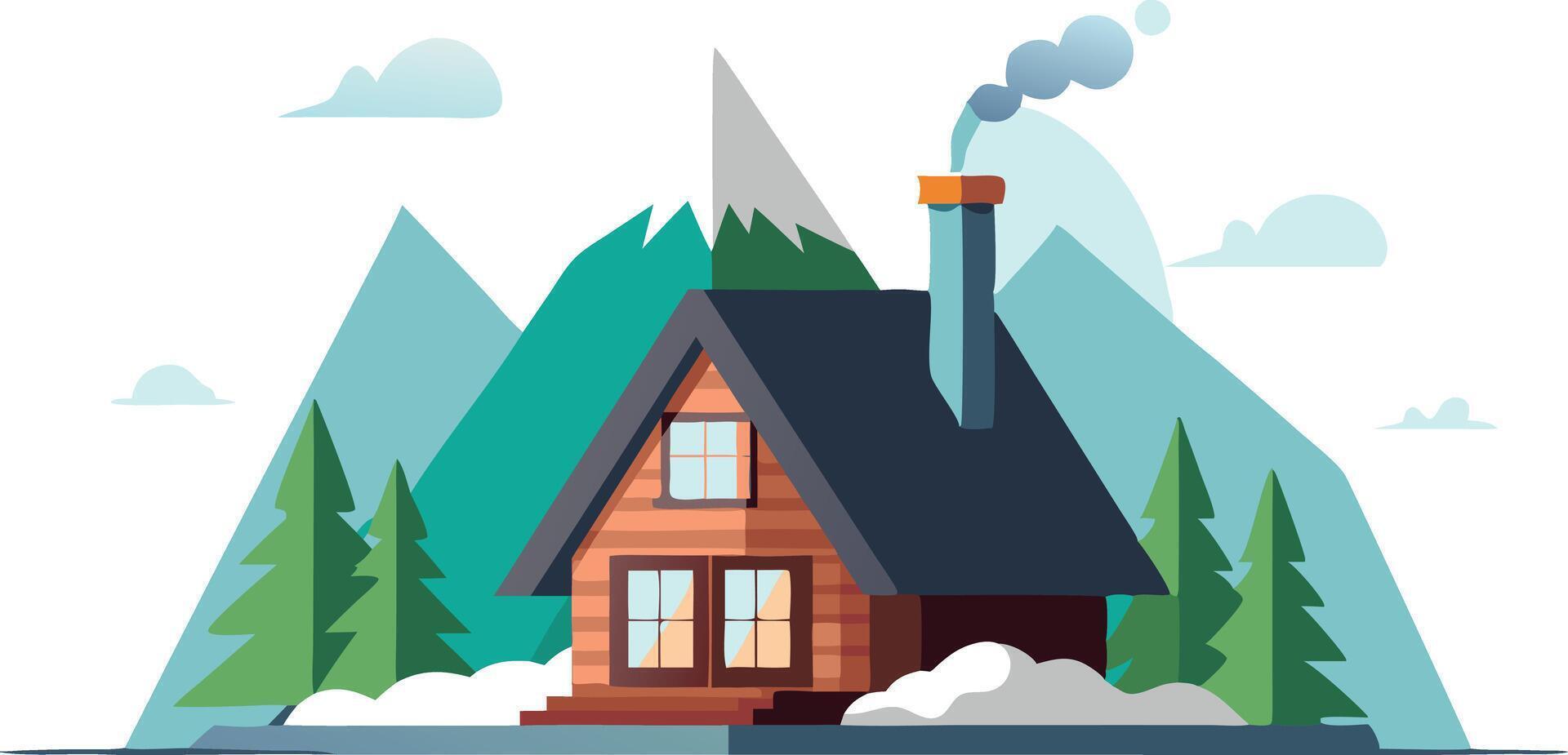 A house with a chimney and a mountain in the background vector