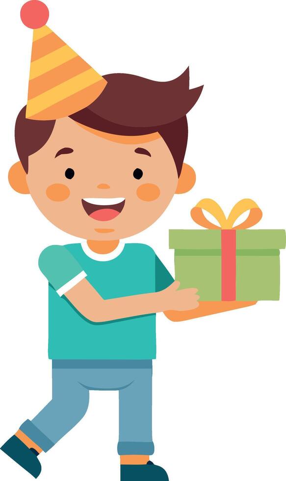 Happy boy holding a gift box wearing party hat and smiling at birthday celebration vector