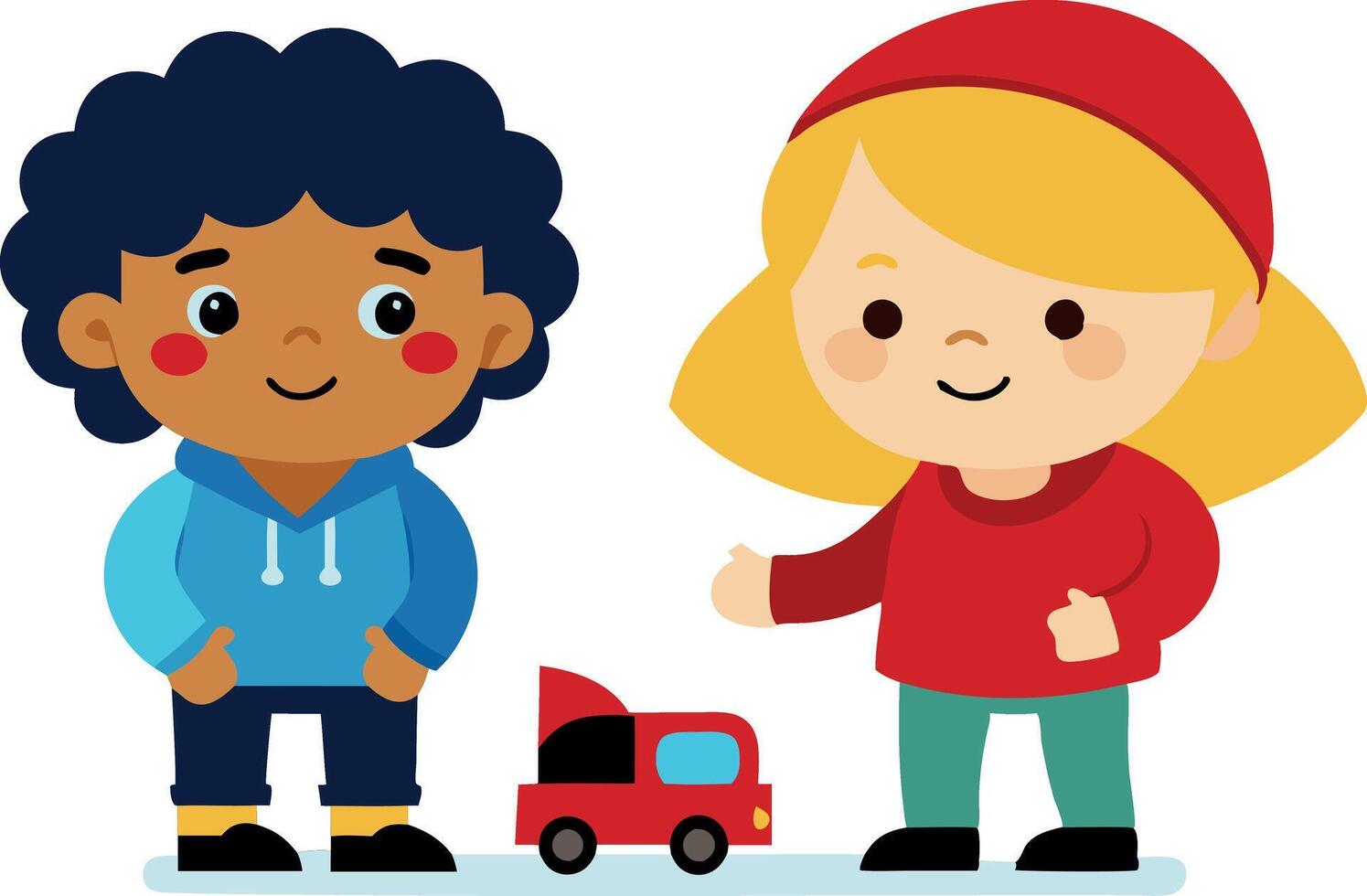 Illustration of two cute cartoon kids with a toy truck on a white background vector
