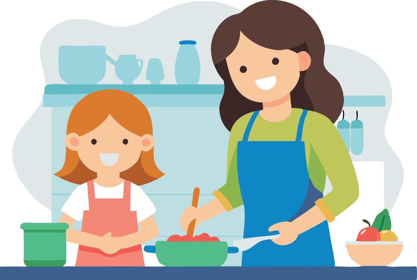 A woman and a little girl are cooking together in a kitchen vector