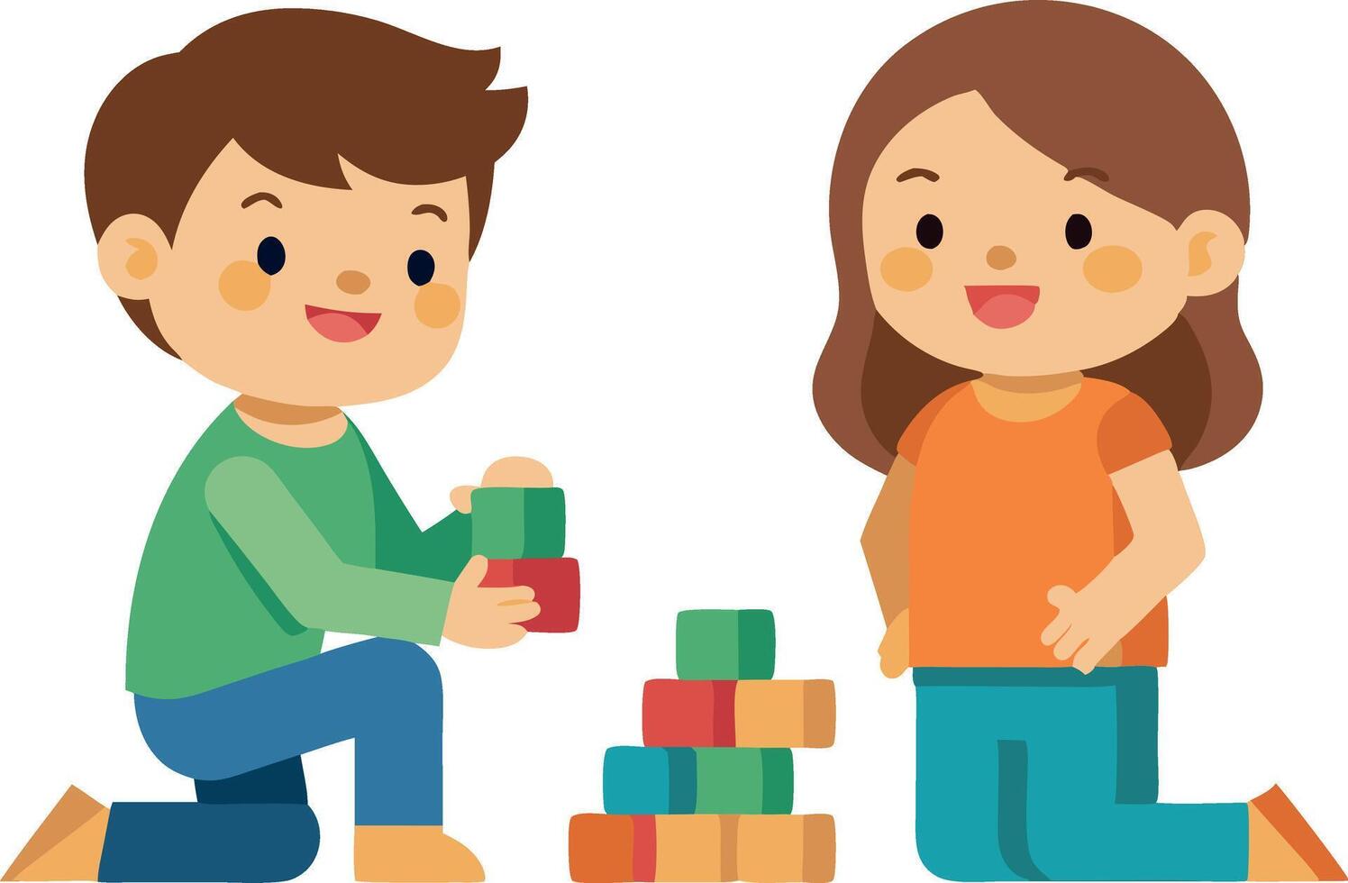 Happy kids playing with colorful building blocks, smiling and enjoying fun creative activity vector