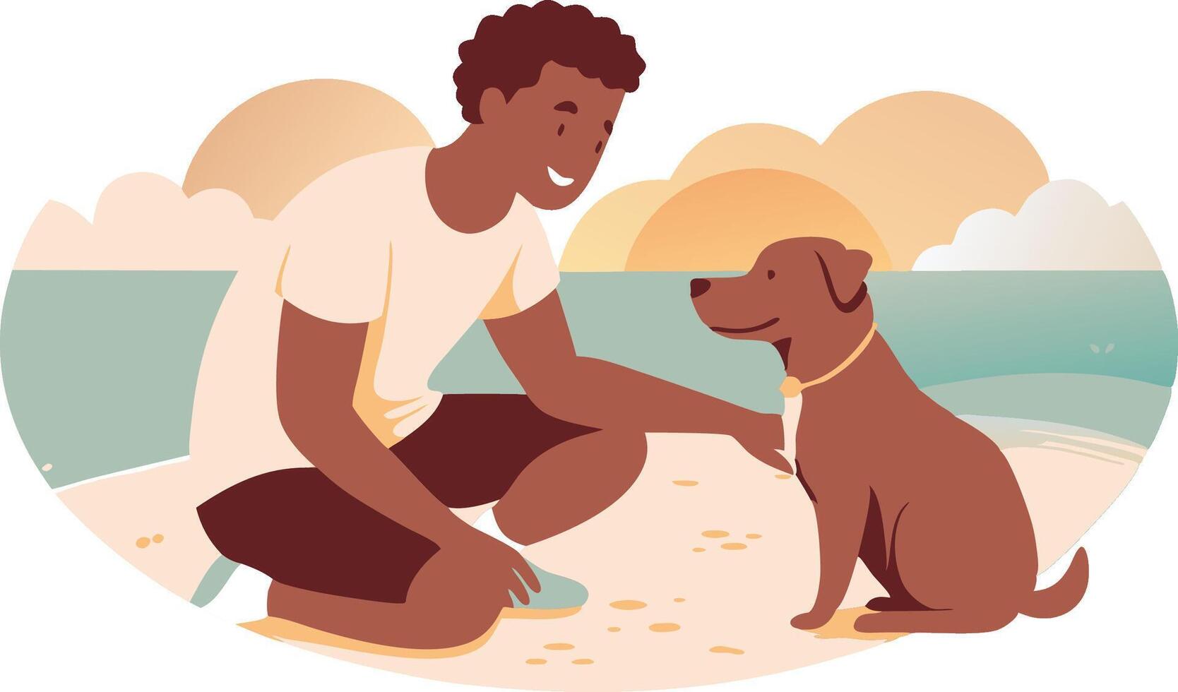 A man is petting a dog on the beach vector