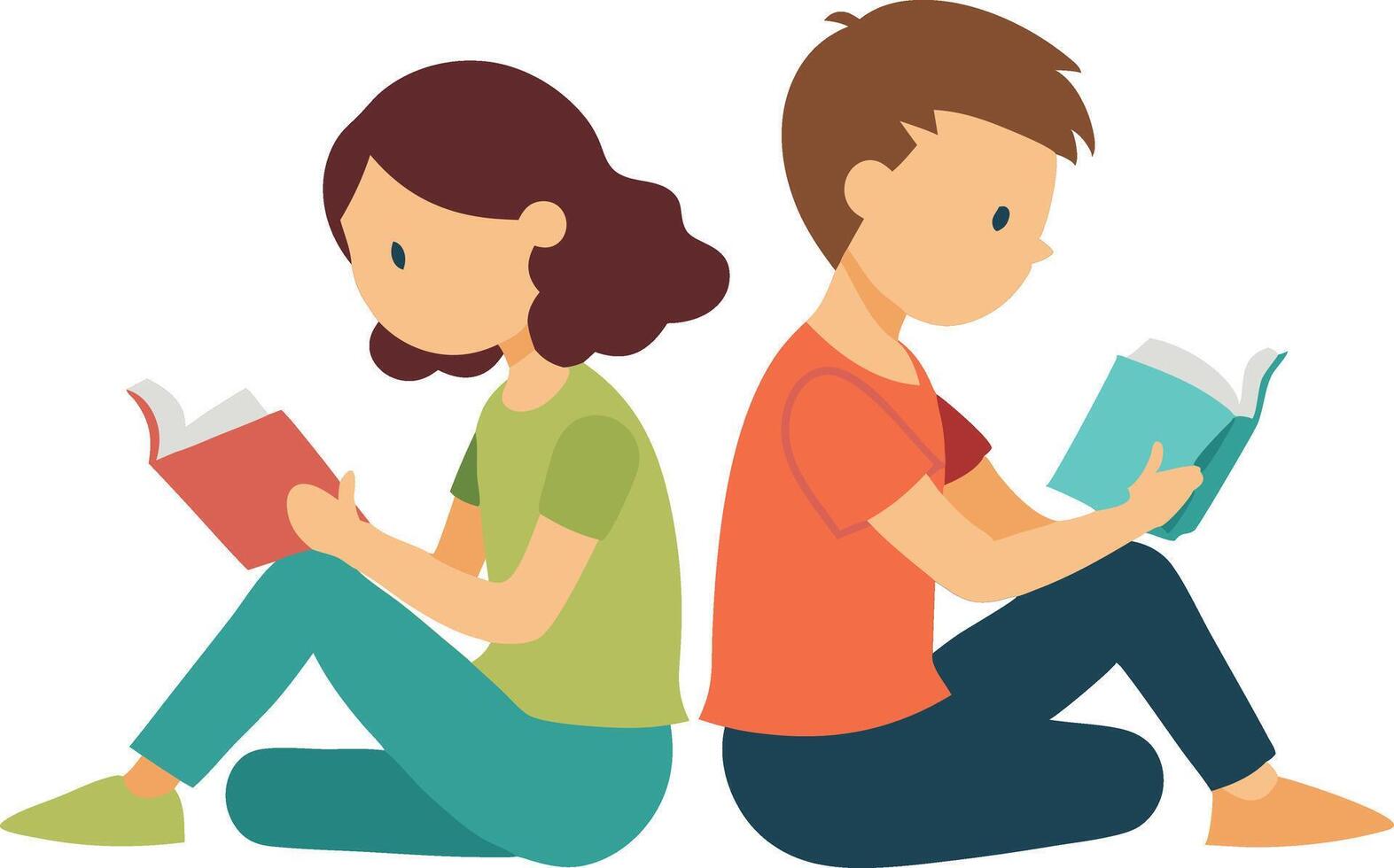 Illustration of children reading books while sitting back-to-back in a focused manner vector