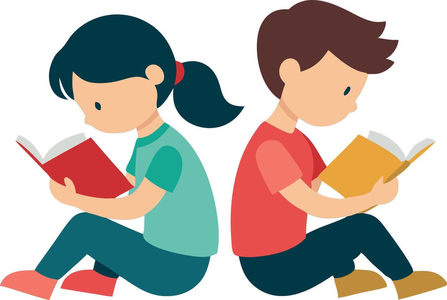 Illustration of children reading books while sitting back-to-back in a focused manner vector