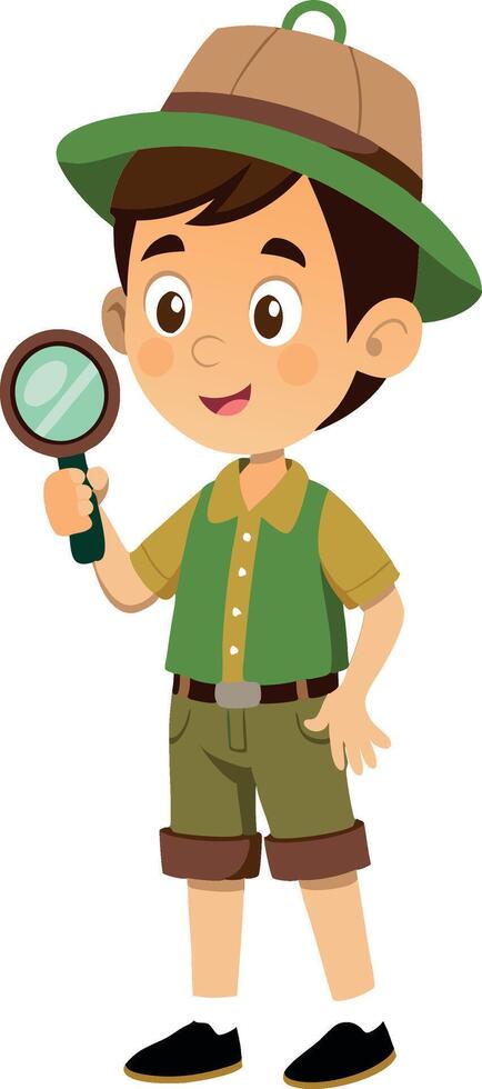 Illustration of a young boy exploring with magnifying glass in green scout uniform vector