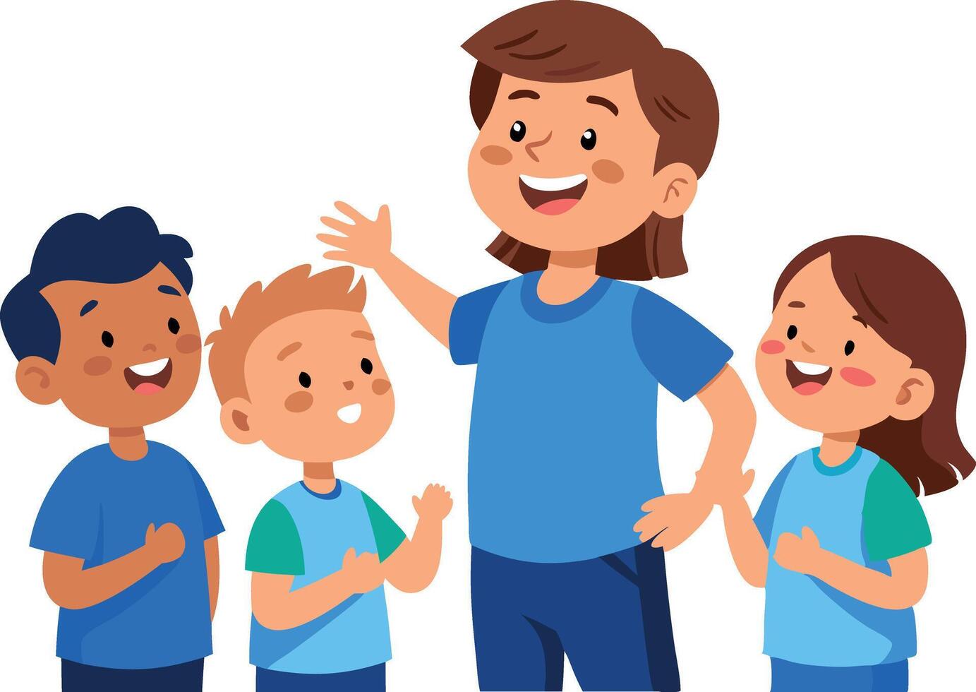Happy children smiling and talking with teacher in a cheerful learning environment vector