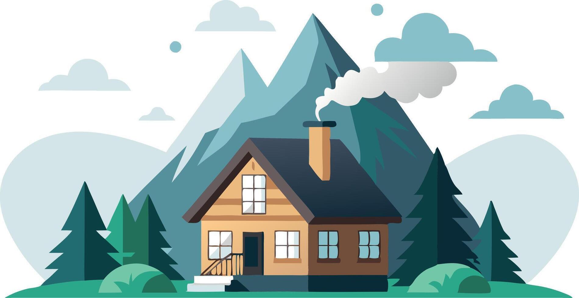 A house with a chimney is in front of a mountain vector