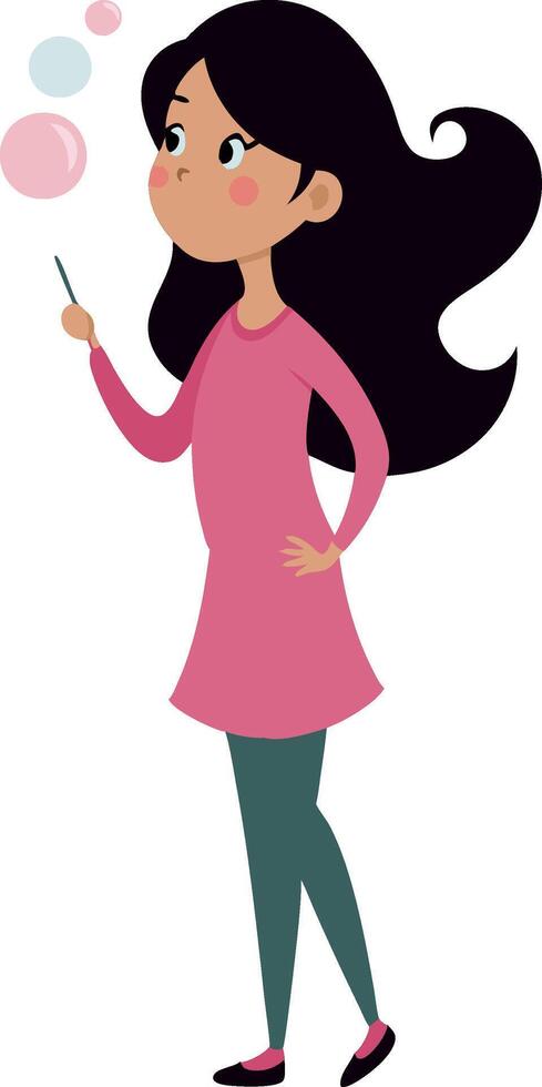 Illustration of a girl blowing bubbles with a playful expression and pink dress vector