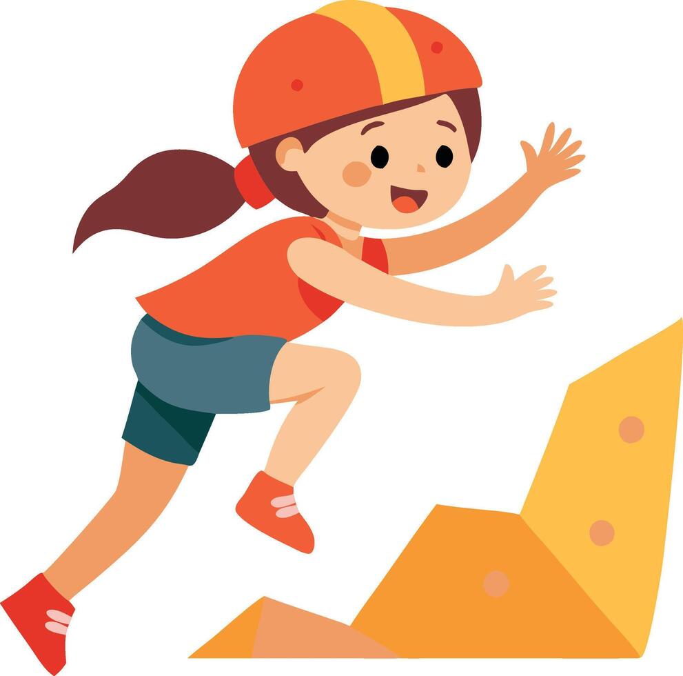 A girl is climbing a rock wall with a helmet on vector