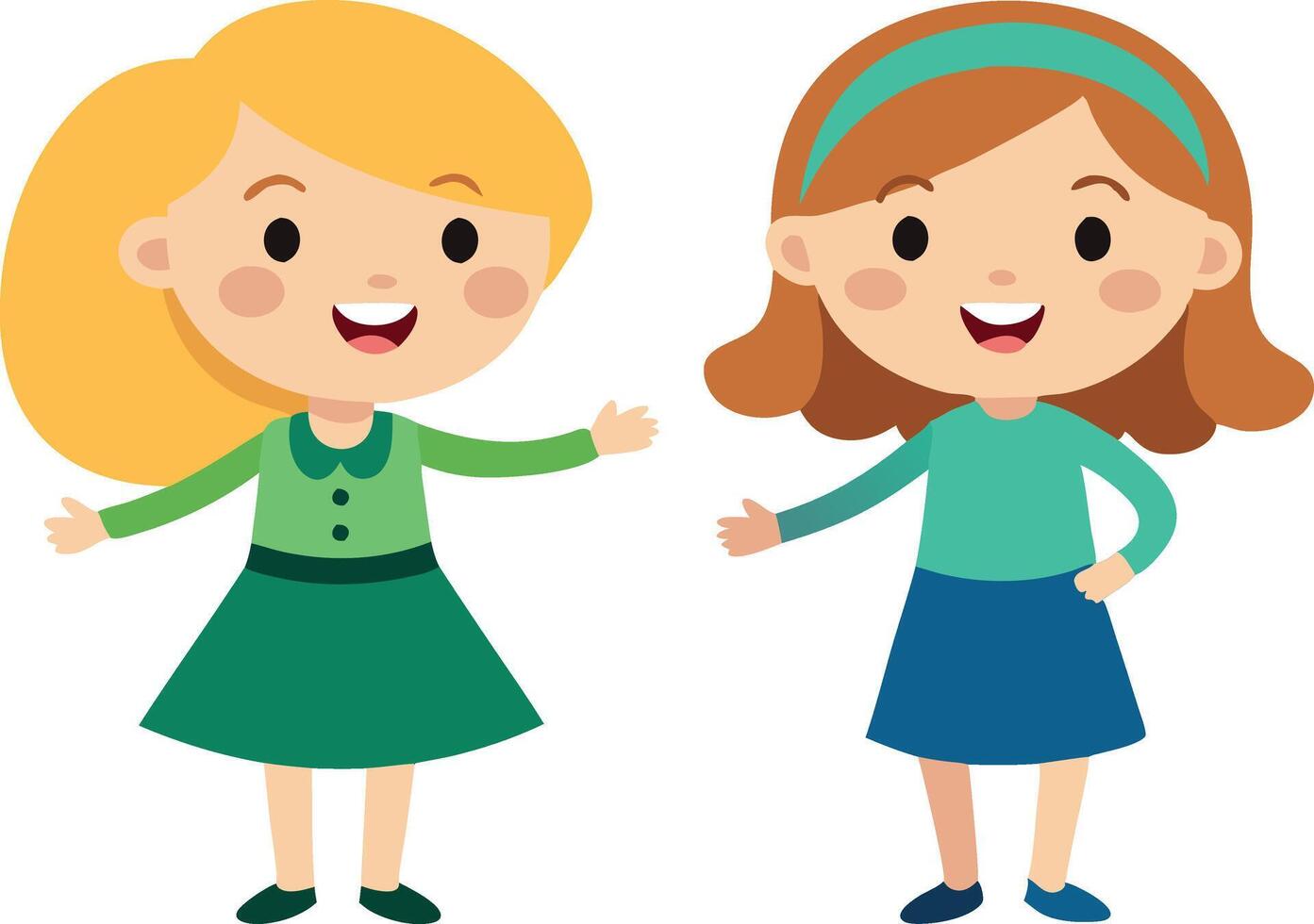 Two girls stand smiling at each other. vector