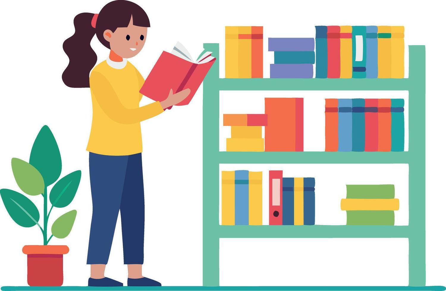 A girl is reading a book in a library vector
