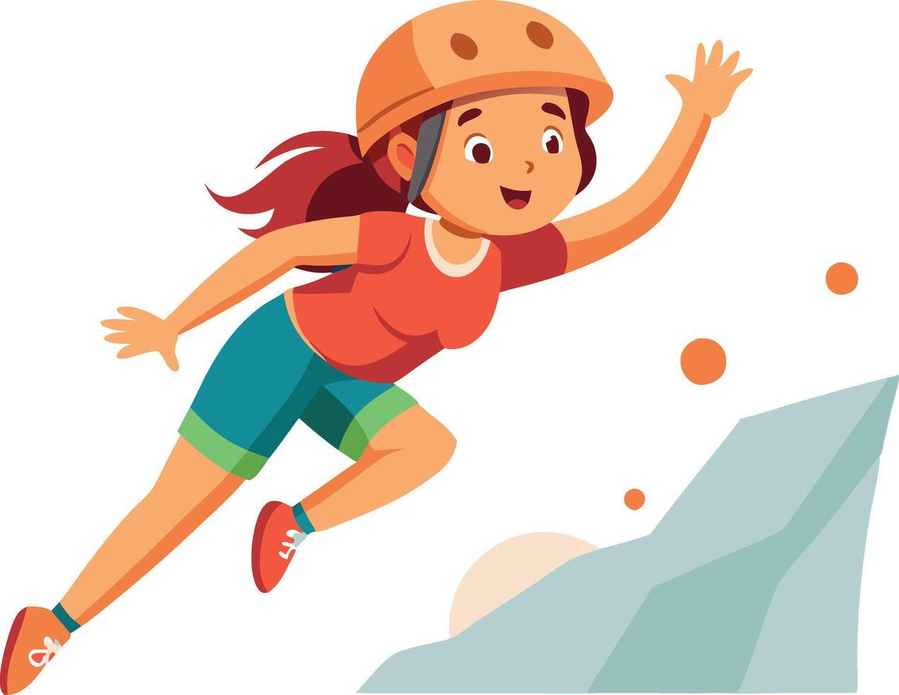 A girl is climbing a rock wall with a helmet on vector