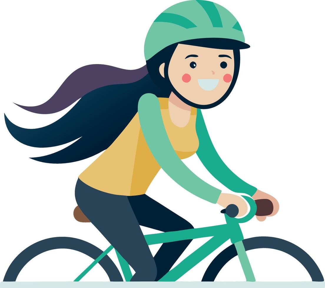 A woman is riding a bicycle with a green helmet vector