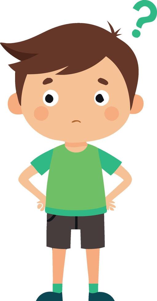 Confused cartoon boy with question mark standing with hands on hips on white background vector