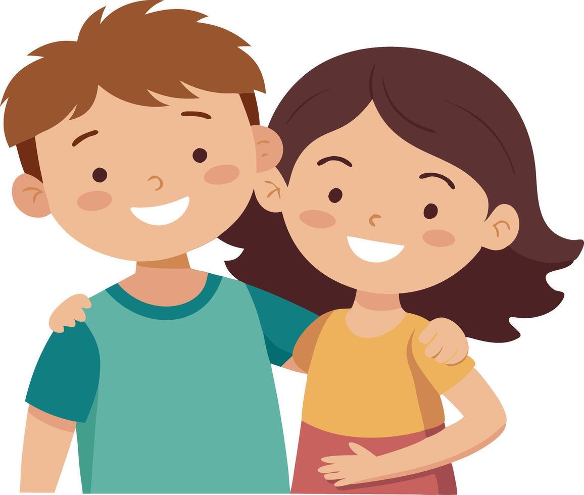 Two Smiling Kids Hugging Each Other Happily. vector