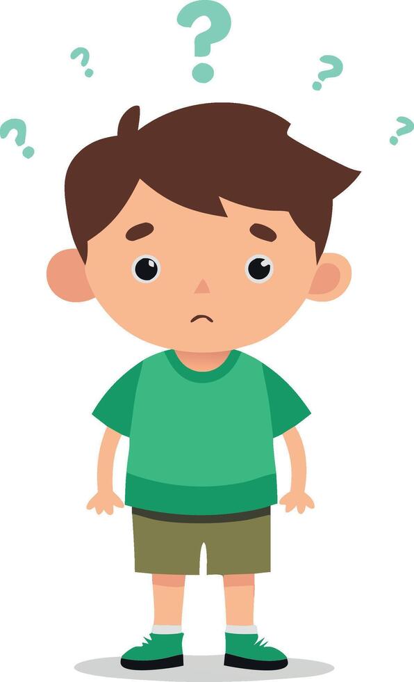 Confused cartoon boy with question mark standing with hands on hips on white background vector