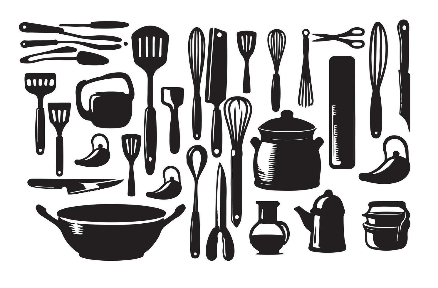 Domestic Kitchen tools accessories silhouettes vector
