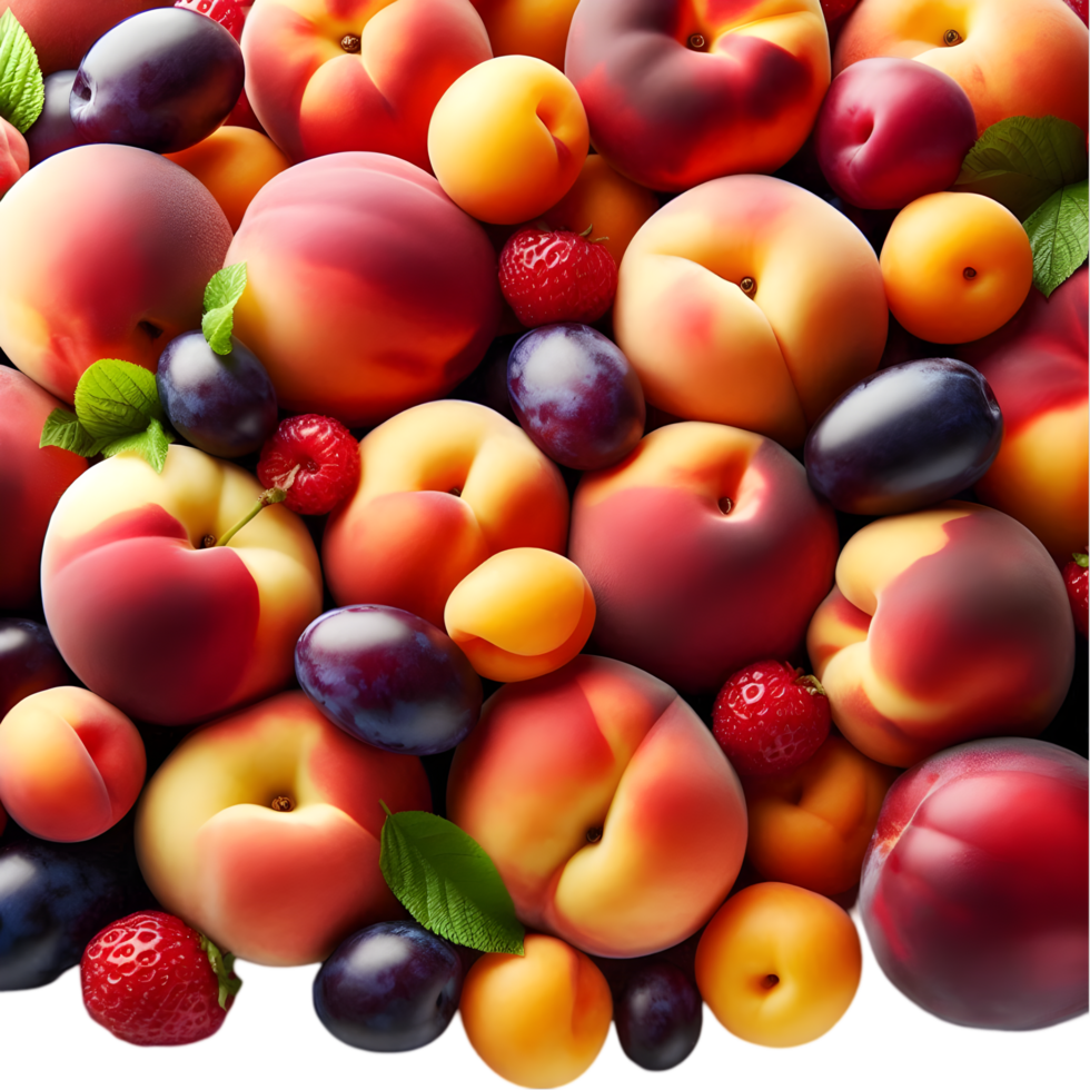 Peaches, nectarines, and strawberries are arranged in a pile png