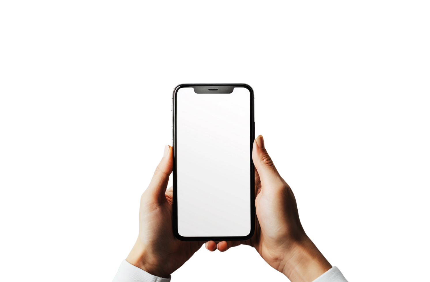 Smartphone mockup with a Transparent background, female hand holds a Mobile phone with blank screen, png