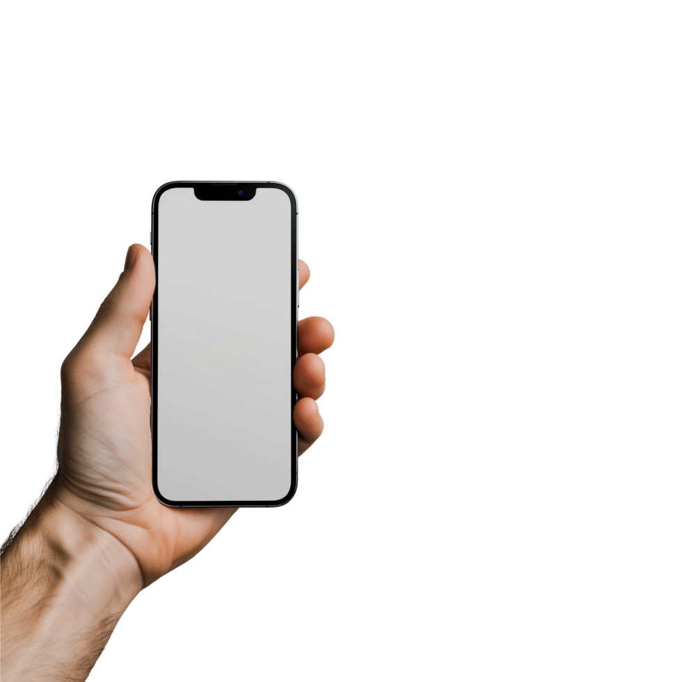 Man Hand holding smartphone mockup with white screen on Transparent background png