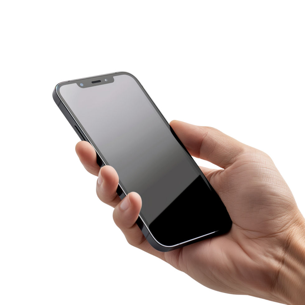 Man Hand holding smartphone mockup with white screen on Transparent background png