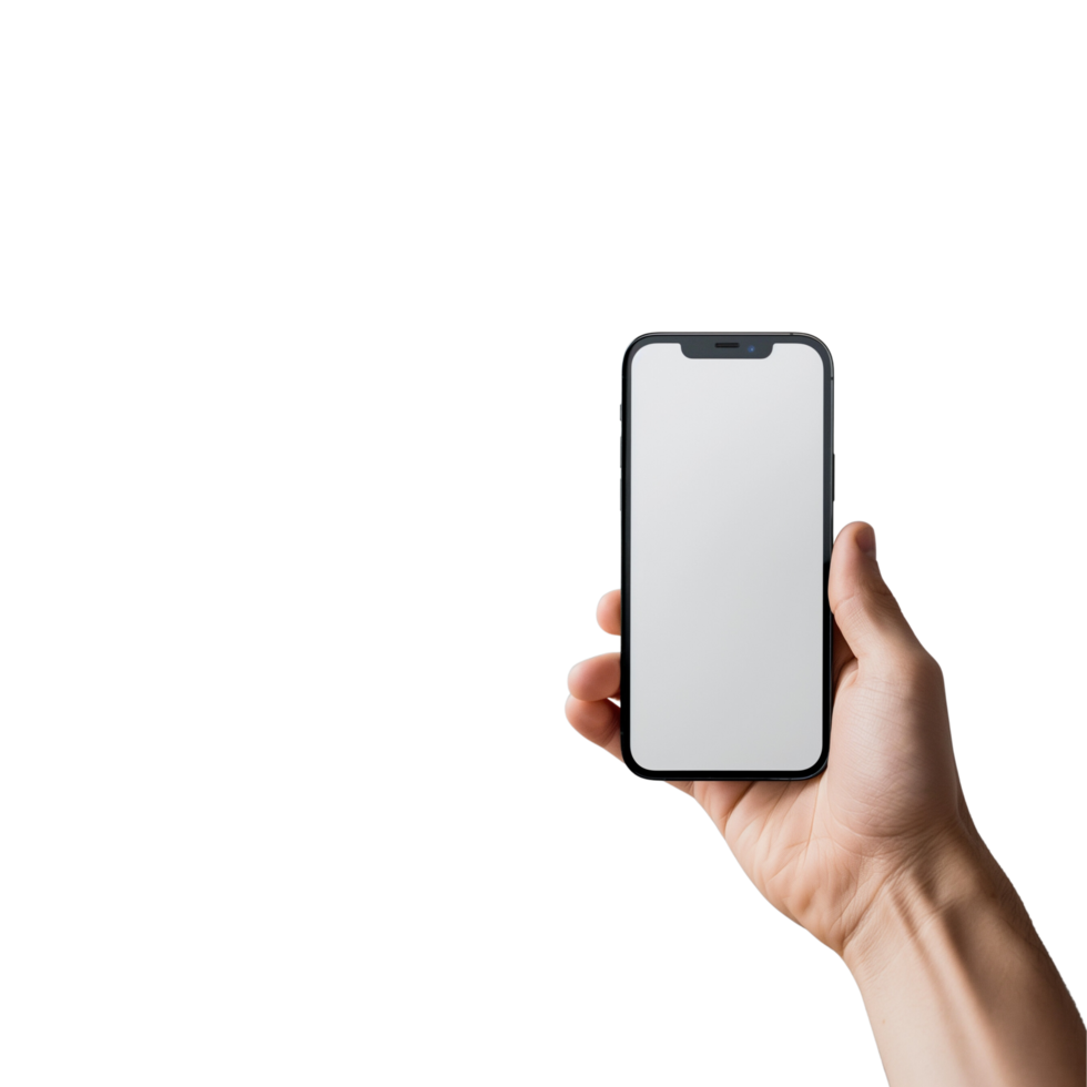 Hand holding smartphone mockup with white screen on Transparent background png
