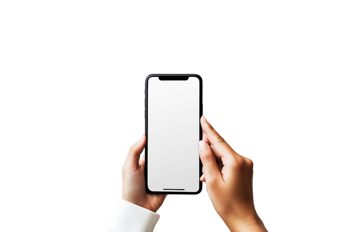 Smartphone mockup with a Transparent background, female hand holds a Mobile phone with blank screen, png