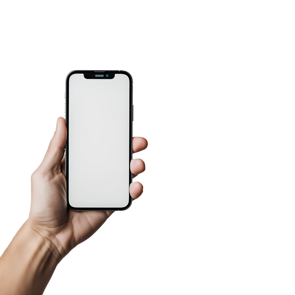 Hand holding smartphone mockup with white screen on Transparent background png